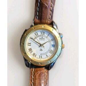 Seiko 3M22-0029 Kinetic Gold Tone Womens Watch Brown Leather Automatic